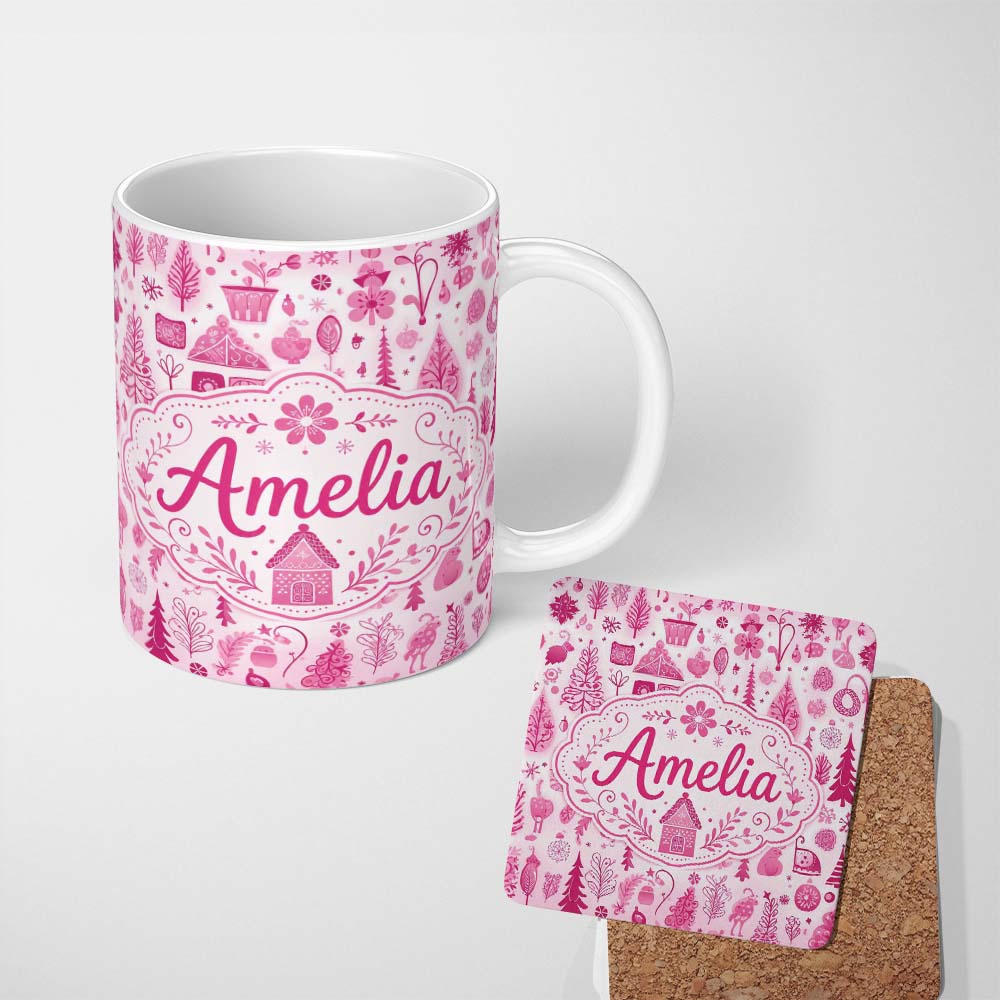 Personalized Custom Name Cute Pink Christmas Folk Art Tree House Floral Seamless Pattern 11oz Ceramic Coffee Tea Mug White Large Handle