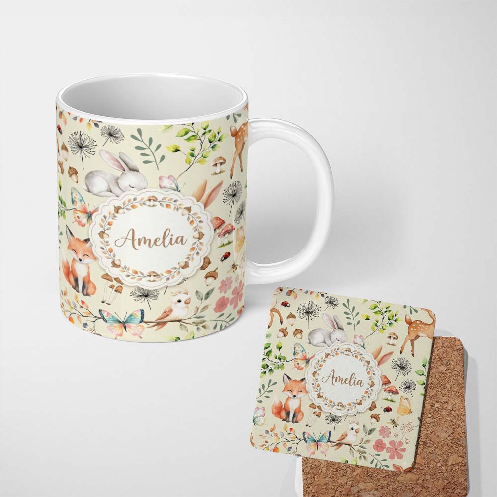 Personalized Custom Name Animals Rabbit Fox Butterfly Floral Elements on Soft Beige Seamless 11oz Ceramic Coffee Tea Mug White Large Handle