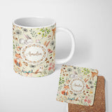 Personalized Custom Name Animals Rabbit Fox Butterfly Floral Elements on Soft Beige Seamless 11oz Ceramic Coffee Tea Mug White Large Handle