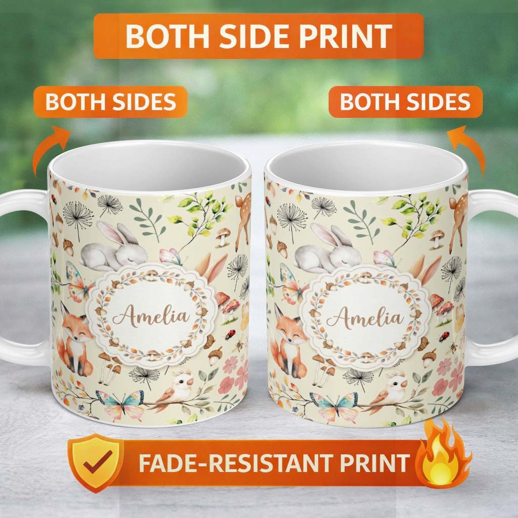 Personalized Custom Name Animals Rabbit Fox Butterfly Floral Elements on Soft Beige Seamless 11oz Ceramic Coffee Tea Mug White Large Handle