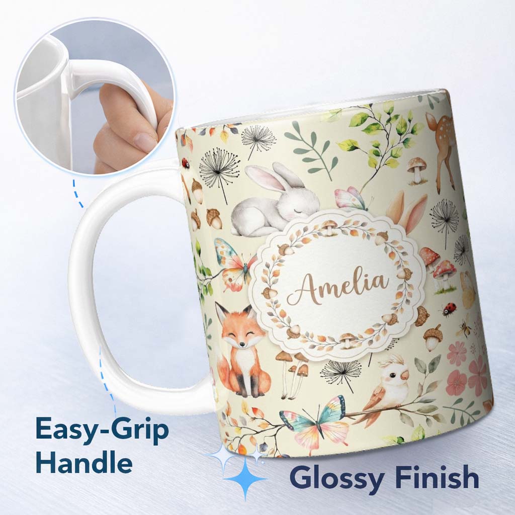 Personalized Custom Name Animals Rabbit Fox Butterfly Floral Elements on Soft Beige Seamless 11oz Ceramic Coffee Tea Mug White Large Handle