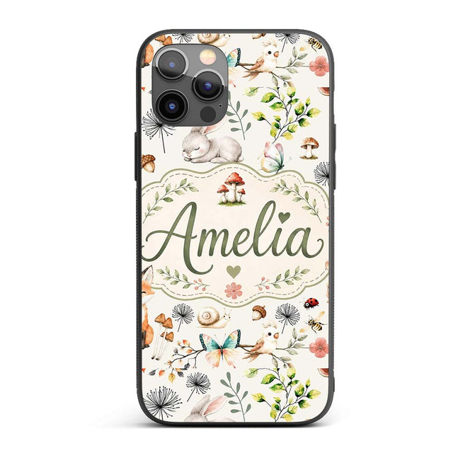 Animals Rabbit Fox Butterfly Floral Elements on Custom Name Protective Phone Case Mobile Cover Durable Everyday Smartphone Shock Resistant