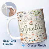 Personalized Custom Name Animals Rabbit Fox Butterfly Floral Elements on Light Grey Seamless 11oz Ceramic Coffee Tea Mug White Large Handle
