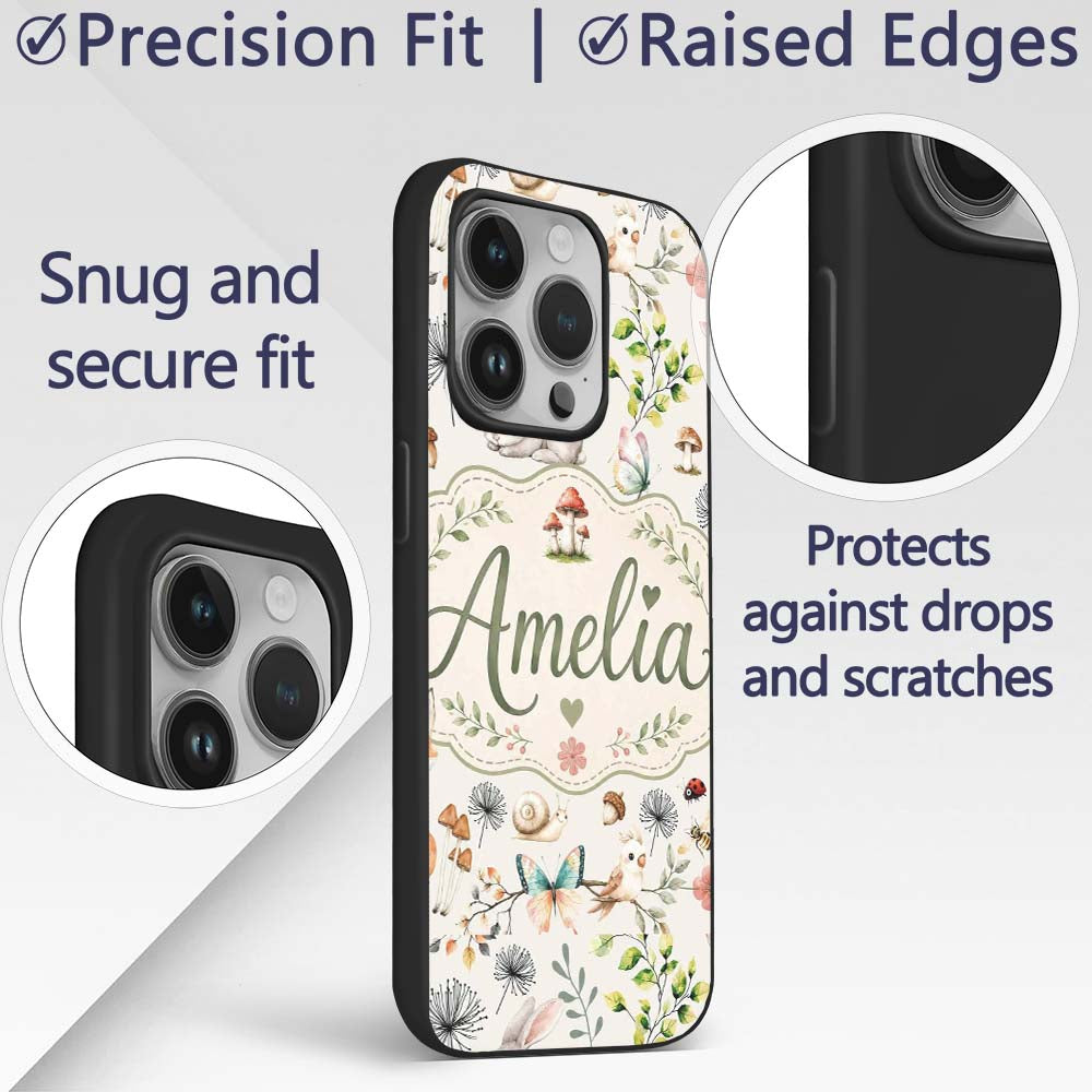 Animals Rabbit Fox Butterfly Floral Elements on Custom Name Protective Phone Case Mobile Cover Durable Everyday Smartphone Shock Resistant