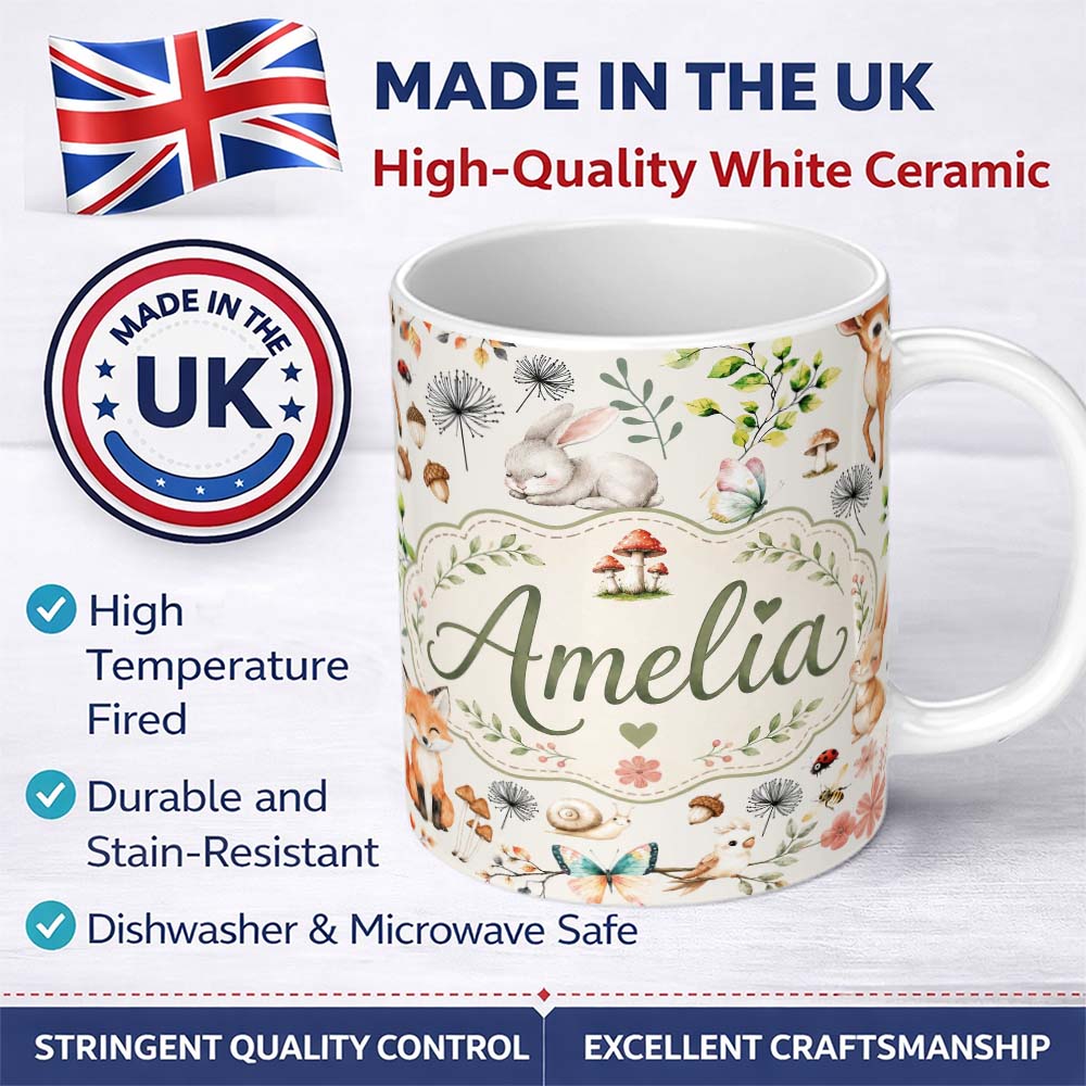 Personalized Custom Name Animals Rabbit Fox Butterfly Floral Elements on Light Grey Seamless 11oz Ceramic Coffee Tea Mug White Large Handle
