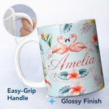 Personalized Custom Name Elegant Pink Flamingos Tropical Flowers on Blue Background Seamless 11oz Ceramic Coffee Tea Mug White Large Handle