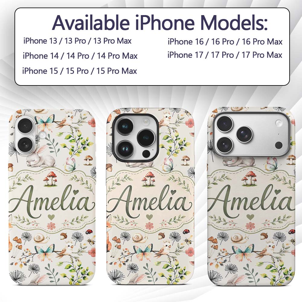 Animals Rabbit Fox Butterfly Floral Elements on Custom Name Protective Phone Case Mobile Cover Durable Everyday Smartphone Shock Resistant