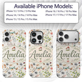 Animals Rabbit Fox Butterfly Floral Elements on Custom Name Protective Phone Case Mobile Cover Durable Everyday Smartphone Shock Resistant
