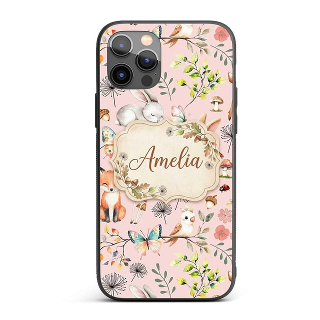 Animals Rabbit Fox Butterfly Floral Elements on Custom Name Protective Phone Case Mobile Cover Durable Everyday Smartphone Shock Resistant