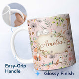 Personalized Custom Name Animals Rabbit Fox Butterfly Floral Elements on Blush Pink Seamless 11oz Ceramic Coffee Tea Mug White Large Handle