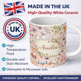 Personalized Custom Name Animals Rabbit Fox Butterfly Floral Elements on Blush Pink Seamless 11oz Ceramic Coffee Tea Mug White Large Handle