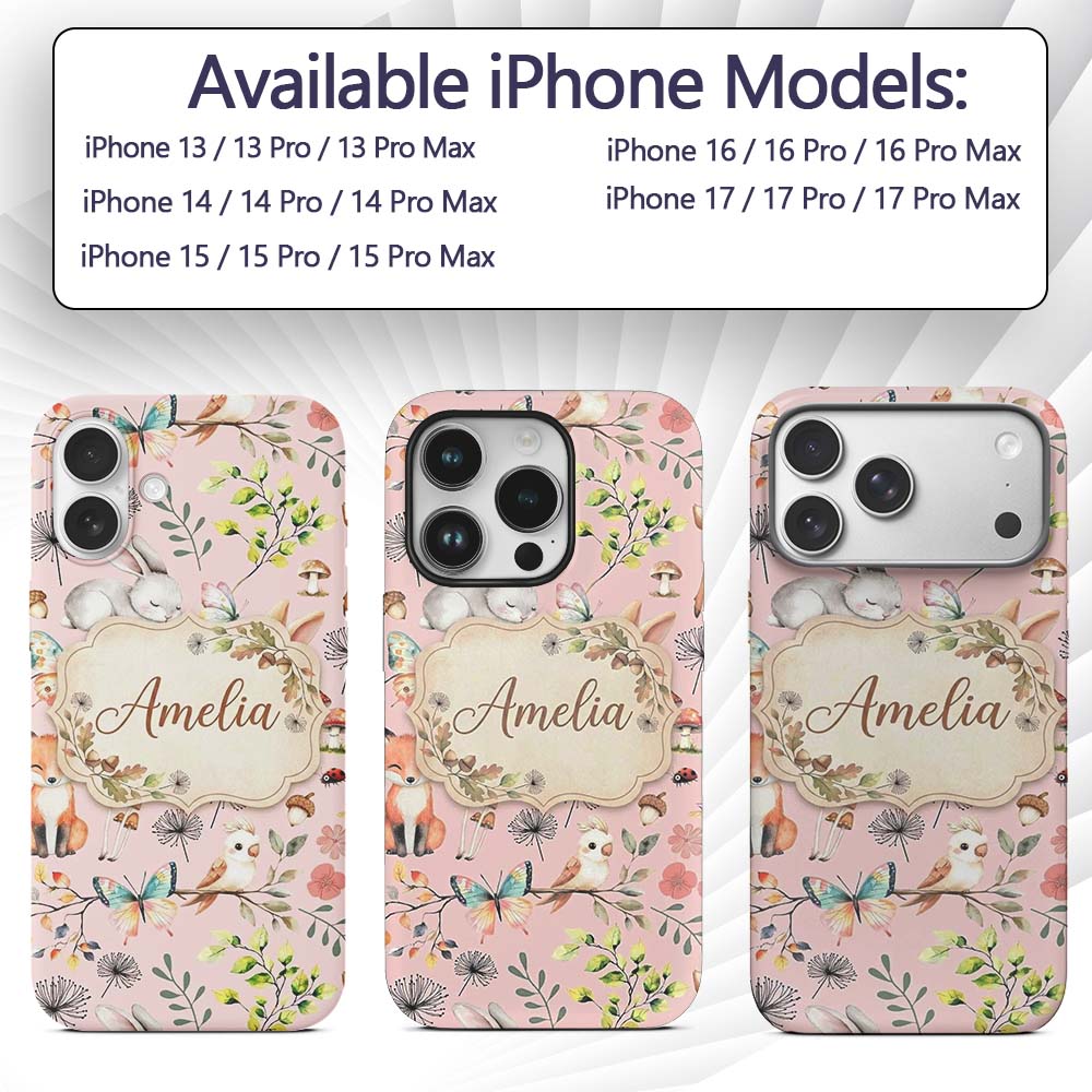 Animals Rabbit Fox Butterfly Floral Elements on Custom Name Protective Phone Case Mobile Cover Durable Everyday Smartphone Shock Resistant