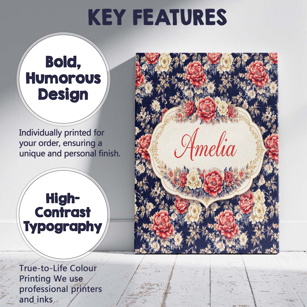 Personalised Name Antique Style Cream Floral Botanical Seamless Custom  Statement Canvas Wall Art Print Decor Picture Ready to Hang