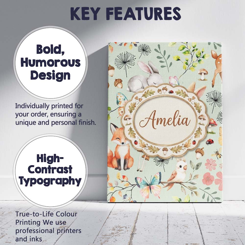 Personalised Name Animals Rabbit Fox Custom Premium Decorative Design Modern Room Accent Canvas Wall Art Print Decor Picture Ready to Hang