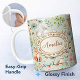 Personalized Custom Name Animals Rabbit Fox Butterfly Floral Elements on Sage Green Seamless 11oz Ceramic Coffee Tea Mug White Large Handle