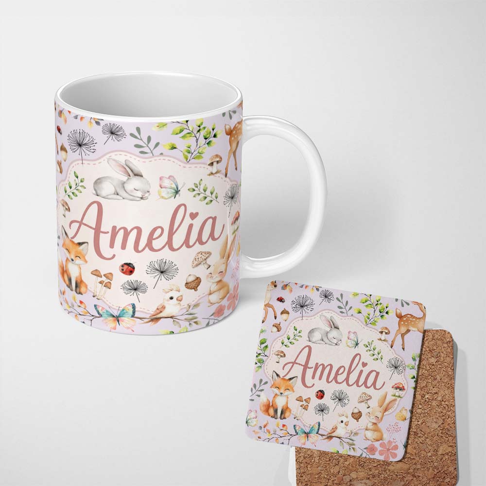 Personalized Custom Name Animals Rabbit Butterfly Floral Elements on Neutral Cream Seamless 11oz Ceramic Coffee Tea Mug White Large Handle