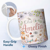 Personalized Custom Name Animals Rabbit Butterfly Floral Elements on Neutral Cream Seamless 11oz Ceramic Coffee Tea Mug White Large Handle