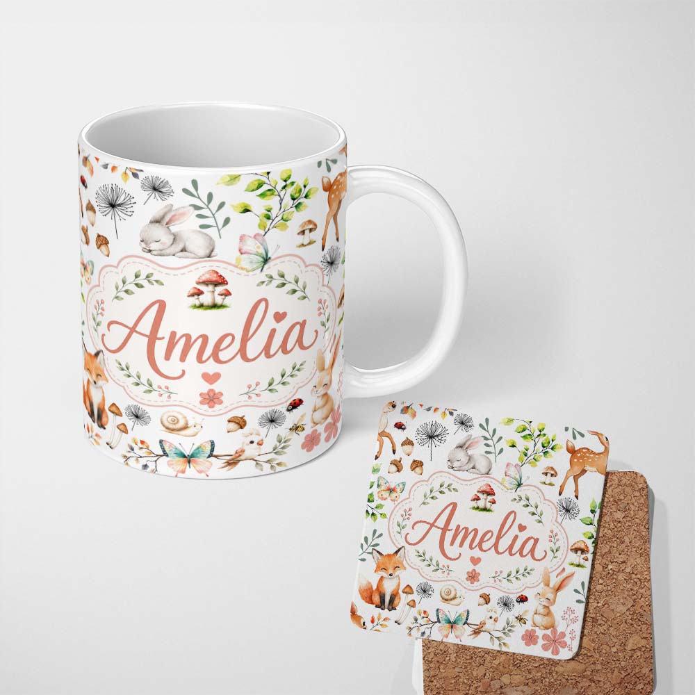 Personalized Custom Name Animals Rabbit Fox Butterfly Floral Elements on Pale Grey Seamless 11oz Ceramic Coffee Tea Mug White Large Handle