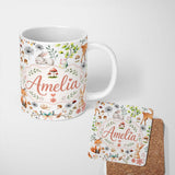 Personalized Custom Name Animals Rabbit Fox Butterfly Floral Elements on Pale Grey Seamless 11oz Ceramic Coffee Tea Mug White Large Handle