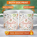 Personalized Custom Name Animals Rabbit Fox Butterfly Floral Elements on Pale Grey Seamless 11oz Ceramic Coffee Tea Mug White Large Handle