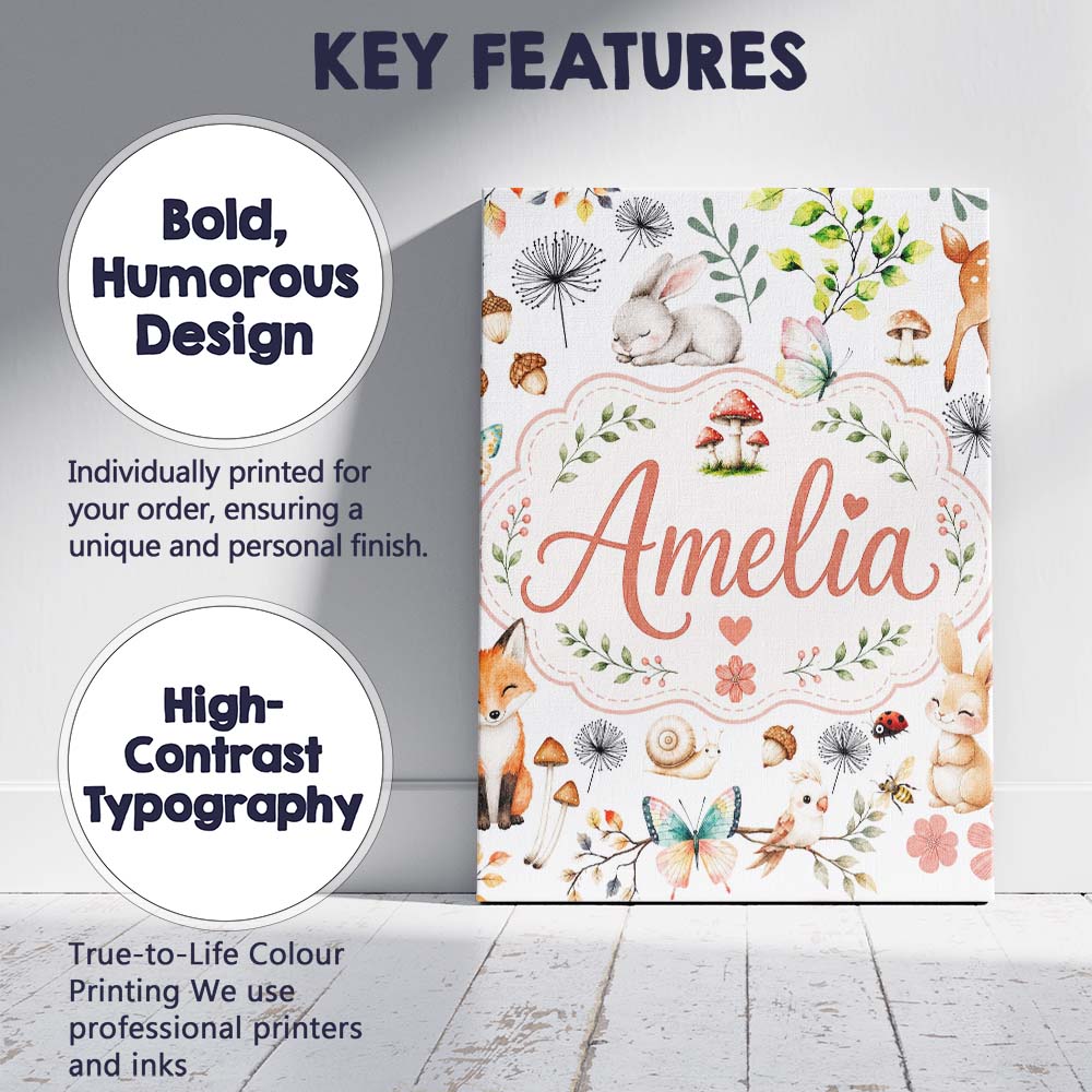 Personalised Name Animals Rabbit Fox Custom Premium Decorative Design Modern Room Accent Canvas Wall Art Print Decor Picture Ready to Hang