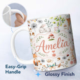 Personalized Custom Name Animals Rabbit Fox Butterfly Floral Elements on Pale Grey Seamless 11oz Ceramic Coffee Tea Mug White Large Handle