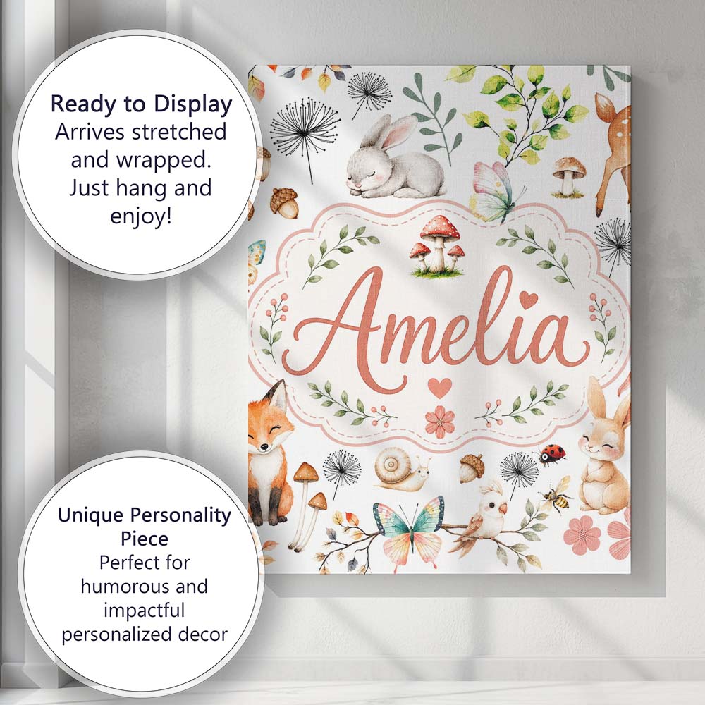 Personalised Name Animals Rabbit Fox Custom Premium Decorative Design Modern Room Accent Canvas Wall Art Print Decor Picture Ready to Hang