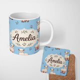 Personalized Custom Name Cute Alpaca Llama Farm Animals Floral Seamless Pattern Sky Blue 11oz Ceramic Coffee Tea Mug White Large Handle