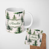 Personalized Custom Name Watercolor Pine Tree Forest Evergreen Woodland Nature Seamless 11oz Ceramic Coffee Tea Mug White Large Handle