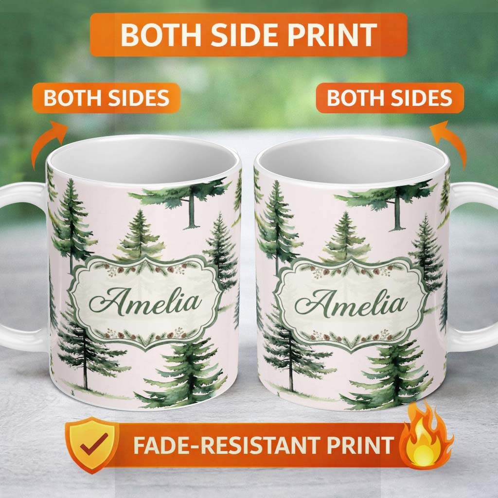 Personalized Custom Name Watercolor Pine Tree Forest Evergreen Woodland Nature Seamless 11oz Ceramic Coffee Tea Mug White Large Handle