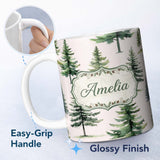 Personalized Custom Name Watercolor Pine Tree Forest Evergreen Woodland Nature Seamless 11oz Ceramic Coffee Tea Mug White Large Handle