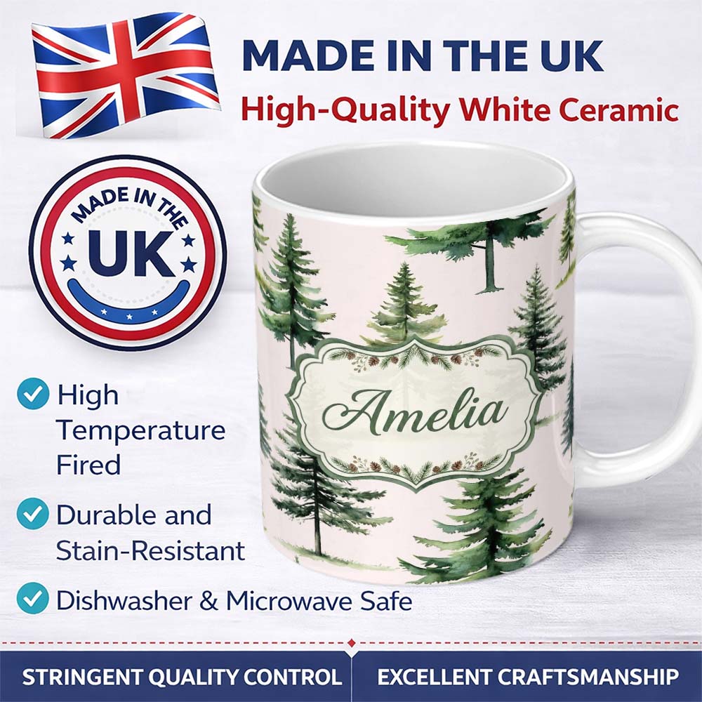 Personalized Custom Name Watercolor Pine Tree Forest Evergreen Woodland Nature Seamless 11oz Ceramic Coffee Tea Mug White Large Handle