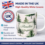 Personalized Custom Name Watercolor Pine Tree Forest Evergreen Woodland Nature Seamless 11oz Ceramic Coffee Tea Mug White Large Handle