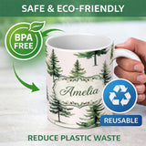Personalized Custom Name Watercolor Pine Tree Forest Evergreen Woodland Nature Seamless 11oz Ceramic Coffee Tea Mug White Large Handle