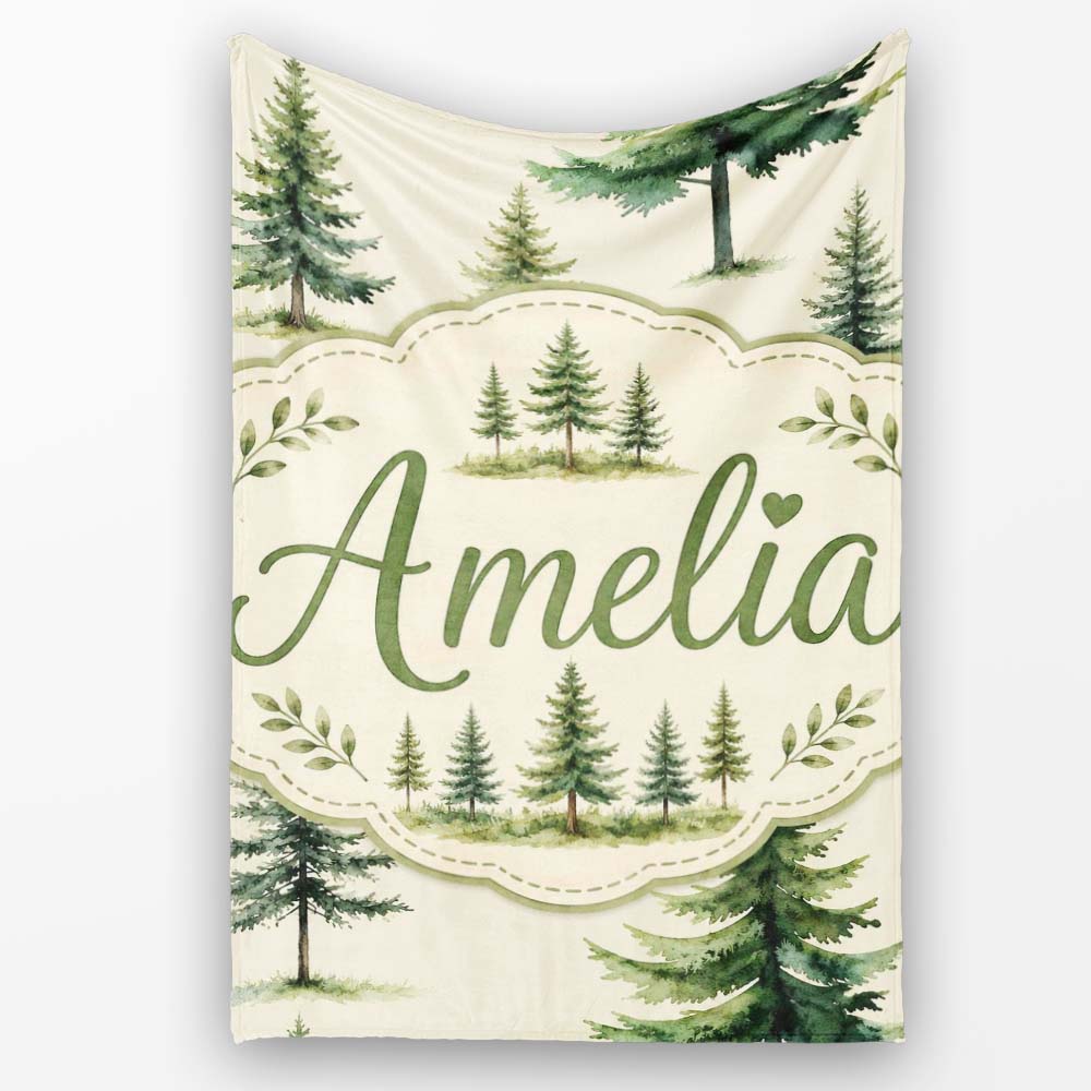 Pine Tree Forest Evergreen Woodland Nature on Soft Cream Seamless  Personalised Custom Name Super Soft Fleece Blanket Bed Sofa Throw