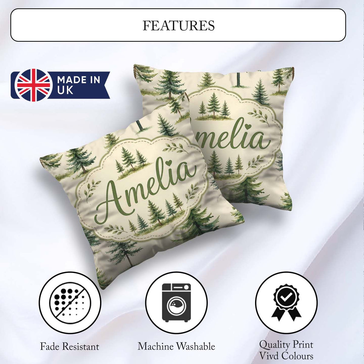 Custom Name Pine Tree Forest Evergreen Woodland on Soft Seamless Square Filled Cushion Throw Pillow Sofa Bed Home Decor Zip Washable UK Made