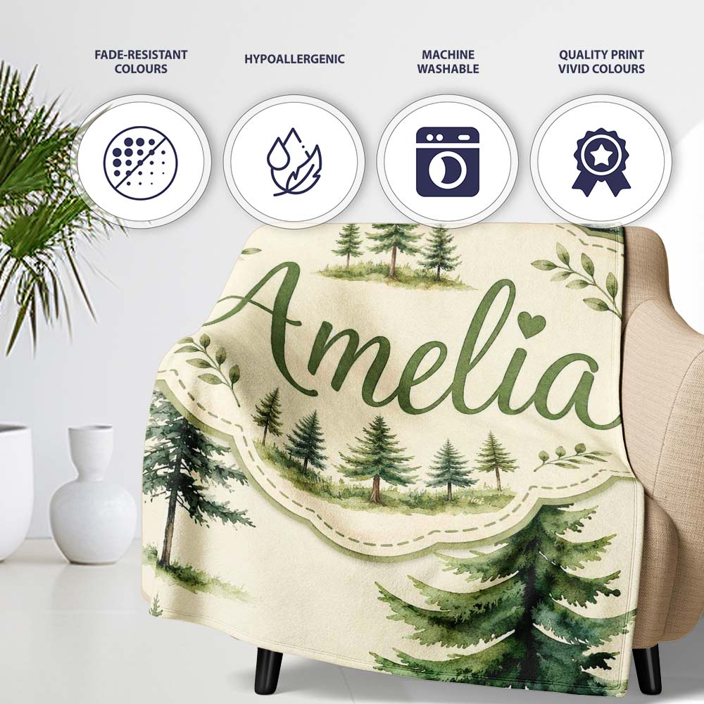 Pine Tree Forest Evergreen Woodland Nature on Soft Cream Seamless  Personalised Custom Name Super Soft Fleece Blanket Bed Sofa Throw