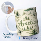 Personalized Custom Name Pine Tree Forest Evergreen Woodland Nature on Soft Cream Seamless 11oz Ceramic Coffee Tea Mug White Large Handle