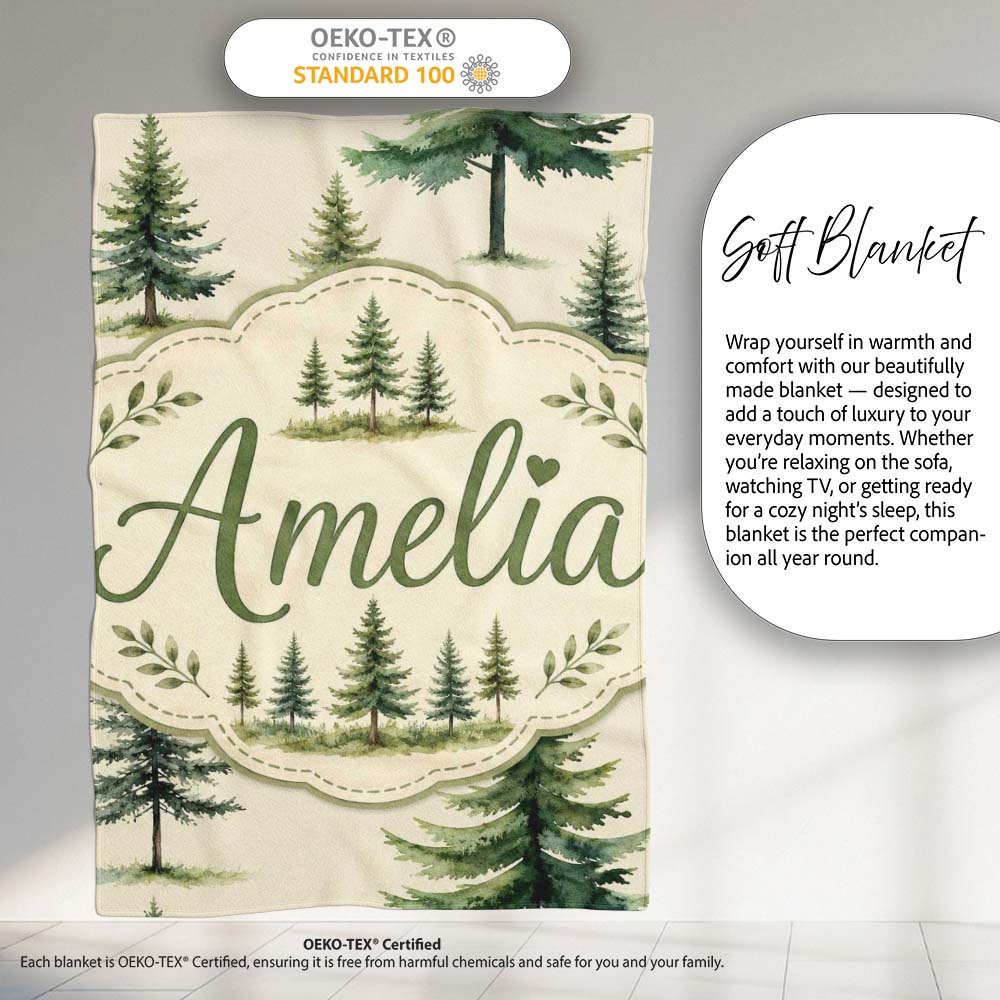 Pine Tree Forest Evergreen Woodland Nature on Soft Cream Seamless  Personalised Custom Name Super Soft Fleece Blanket Bed Sofa Throw
