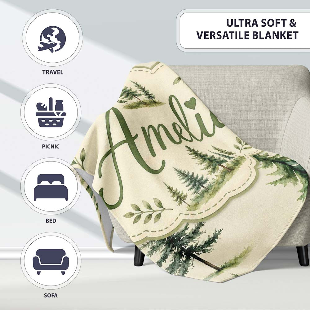 Pine Tree Forest Evergreen Woodland Nature on Soft Cream Seamless  Personalised Custom Name Super Soft Fleece Blanket Bed Sofa Throw