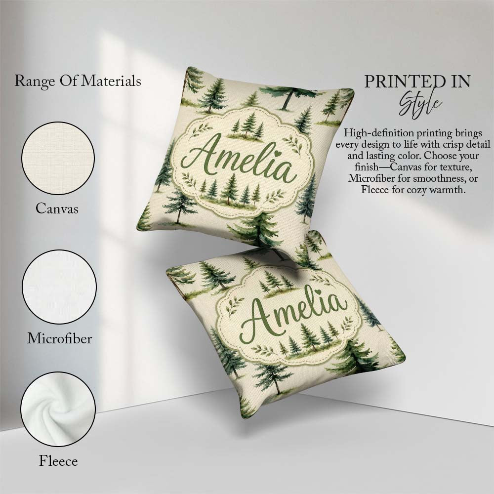 Custom Name Pine Tree Forest Evergreen Woodland on Soft Seamless Square Filled Cushion Throw Pillow Sofa Bed Home Decor Zip Washable UK Made