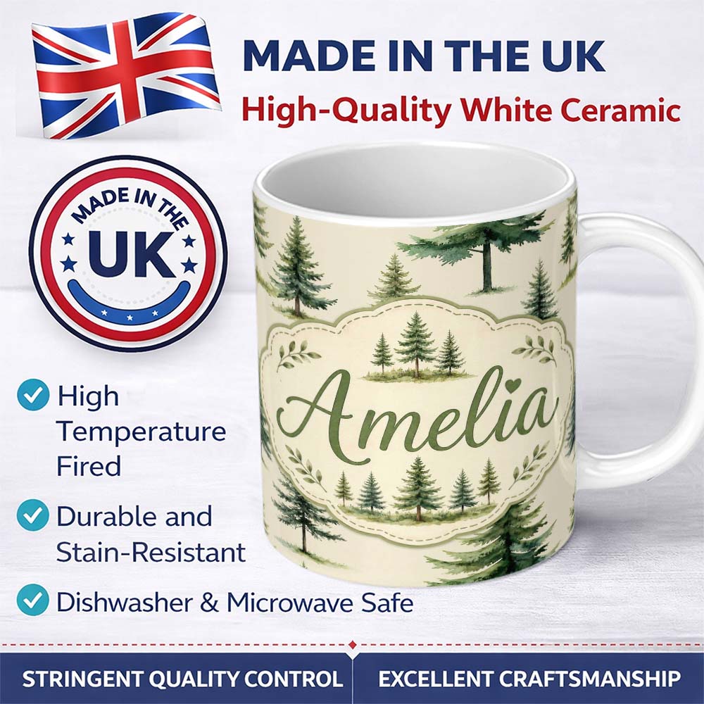 Personalized Custom Name Pine Tree Forest Evergreen Woodland Nature on Soft Cream Seamless 11oz Ceramic Coffee Tea Mug White Large Handle