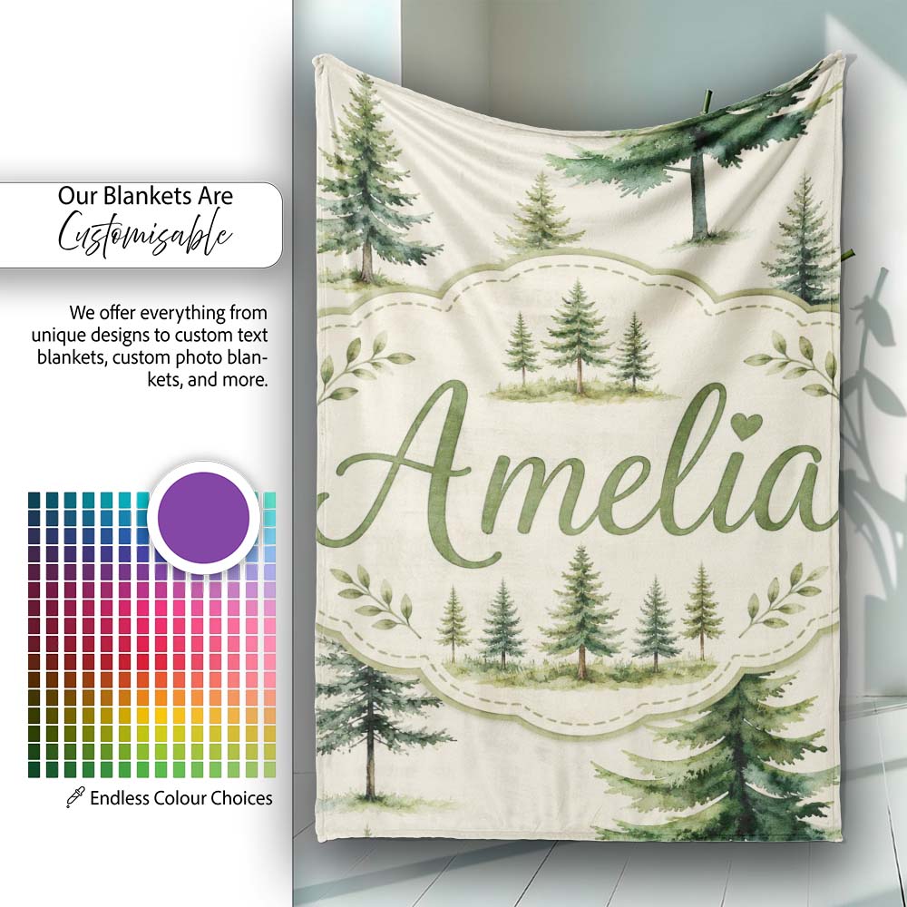 Pine Tree Forest Evergreen Woodland Nature on Soft Cream Seamless  Personalised Custom Name Super Soft Fleece Blanket Bed Sofa Throw