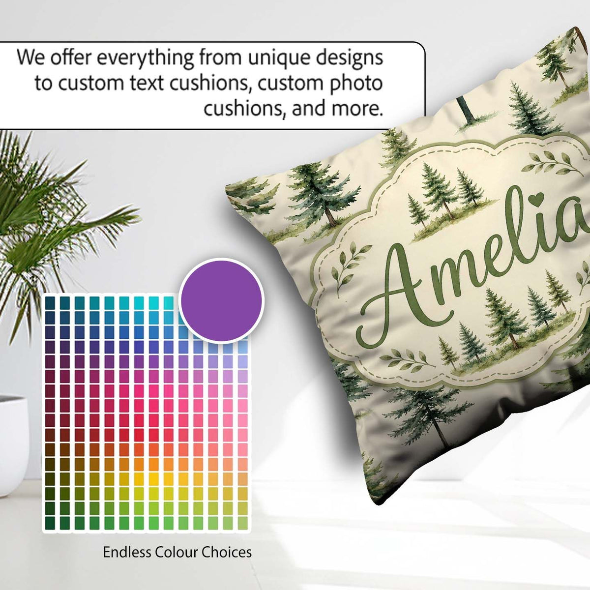 Custom Name Pine Tree Forest Evergreen Woodland on Soft Seamless Square Filled Cushion Throw Pillow Sofa Bed Home Decor Zip Washable UK Made