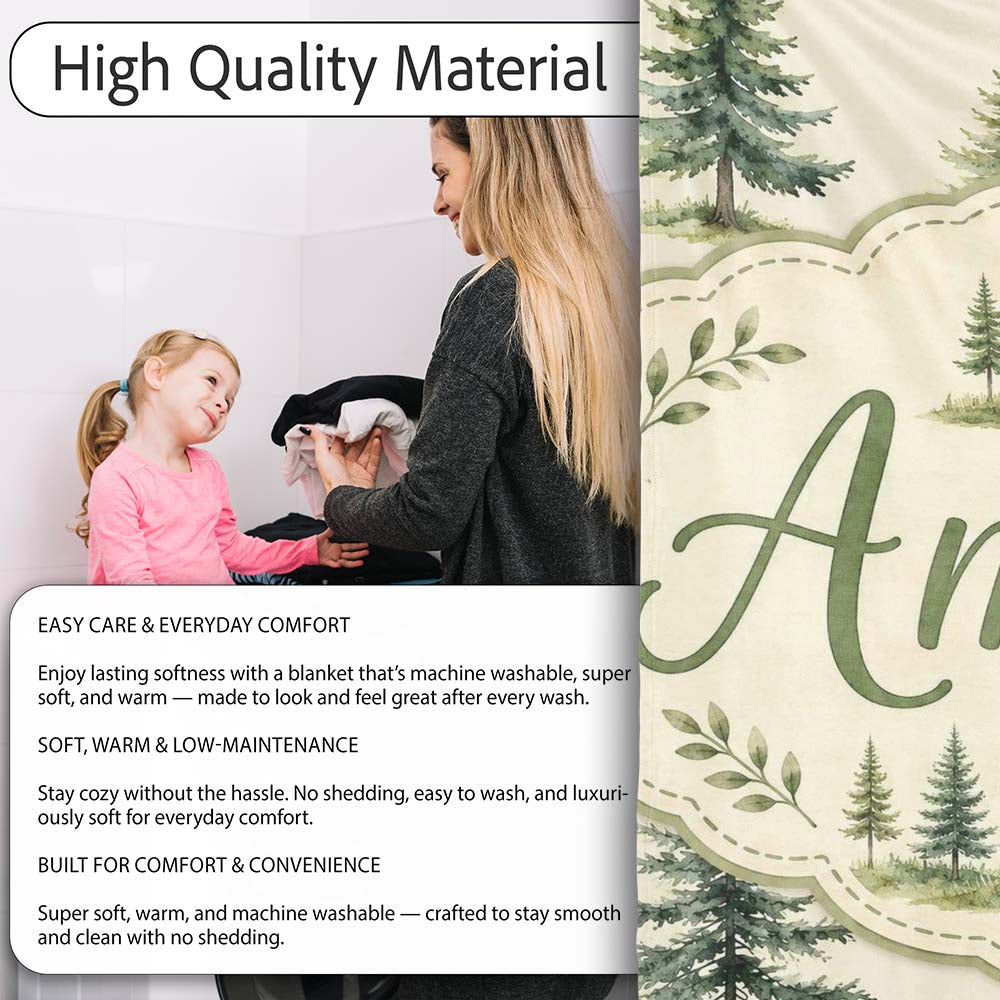 Pine Tree Forest Evergreen Woodland Nature on Soft Cream Seamless  Personalised Custom Name Super Soft Fleece Blanket Bed Sofa Throw