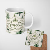 Personalized Custom Name Pine Tree Forest Evergreen Woodland Nature on Light Grey Seamless 11oz Ceramic Coffee Tea Mug White Large Handle