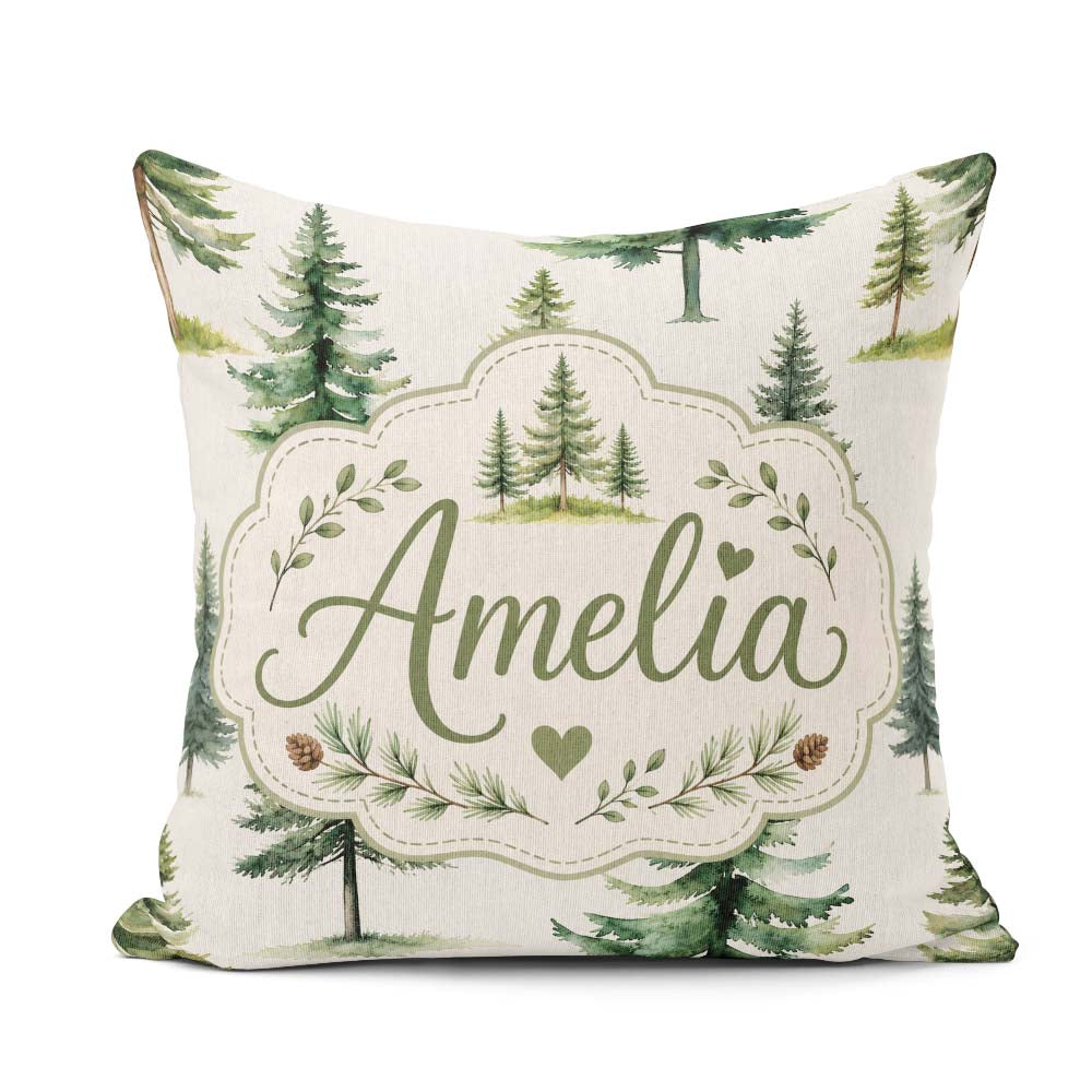 Custom Name Pine Tree Forest Evergreen Woodland on Grey Seamless Square Filled Cushion Throw Pillow Sofa Bed Home Decor Zip Washable UK Made