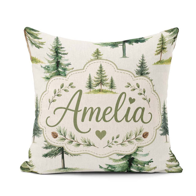 Custom Name Pine Tree Forest Evergreen Woodland on Grey Seamless Square Filled Cushion Throw Pillow Sofa Bed Home Decor Zip Washable UK Made