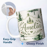 Personalized Custom Name Pine Tree Forest Evergreen Woodland Nature on Light Grey Seamless 11oz Ceramic Coffee Tea Mug White Large Handle