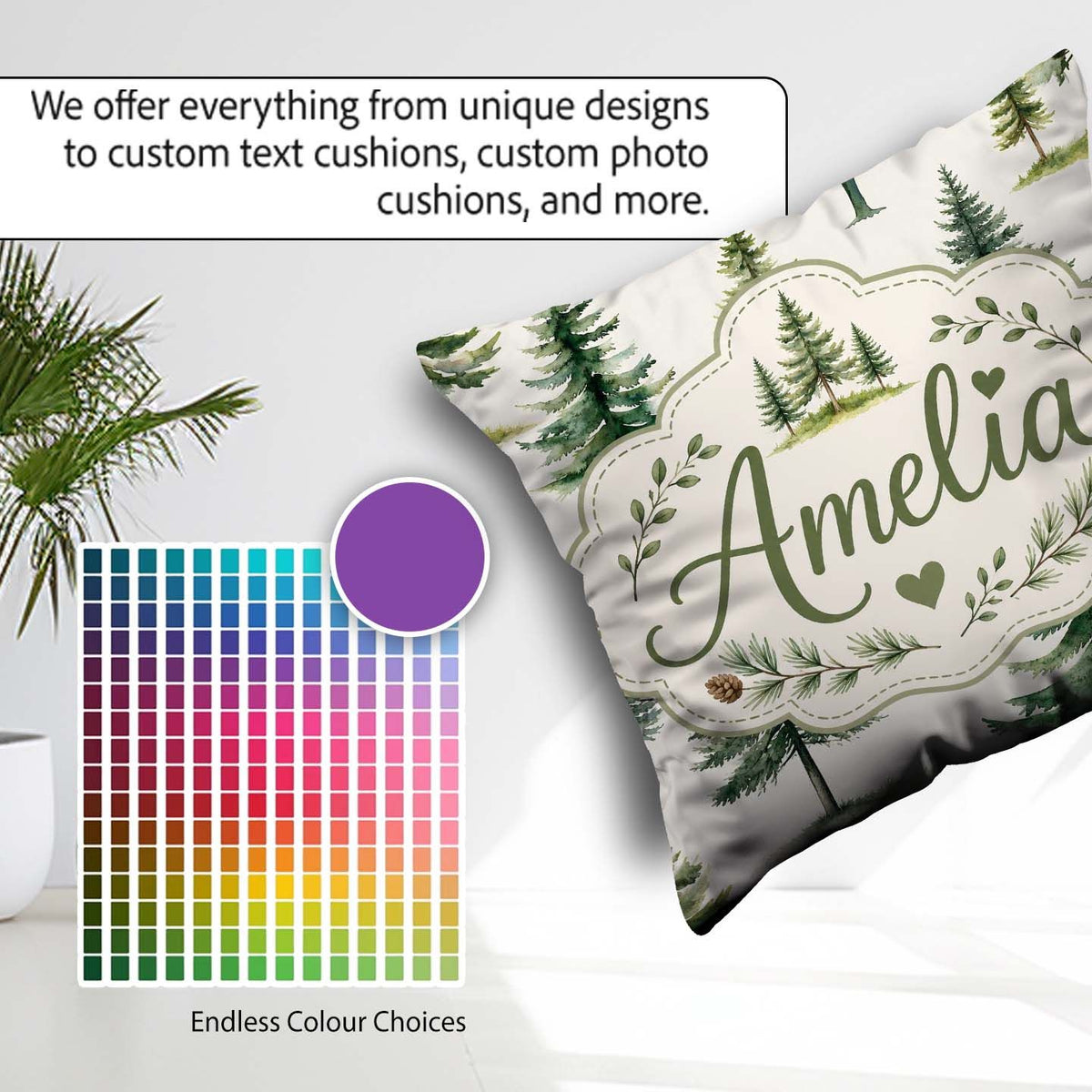 Custom Name Pine Tree Forest Evergreen Woodland on Grey Seamless Square Filled Cushion Throw Pillow Sofa Bed Home Decor Zip Washable UK Made